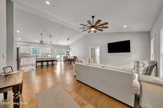 90 Glenn Eagle Rd, Brandenburg, KY 40108 - living room with vaulted ceiling, a ceiling fan, light wood finished floors, and recessed lighting