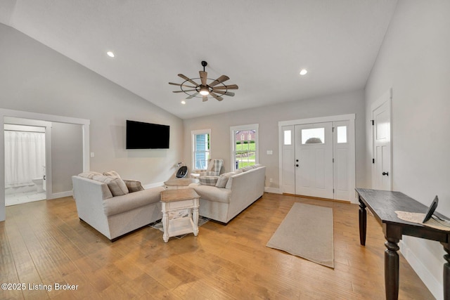90 Glenn Eagle Rd, Brandenburg, KY 40108 - living area featuring light wood finished floors, ceiling fan, vaulted ceiling, and recessed lighting