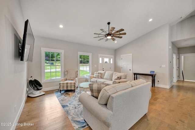 90 Glenn Eagle Rd, Brandenburg, KY 40108 - living room featuring ceiling fan, lofted ceiling, light wood-style floors, and recessed lighting