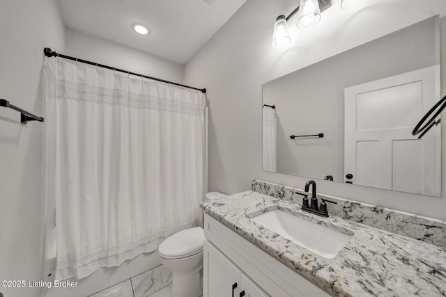 90 Glenn Eagle Rd, Brandenburg, KY 40108 - bathroom with marble look tiles, vanity, and shower / tub combo