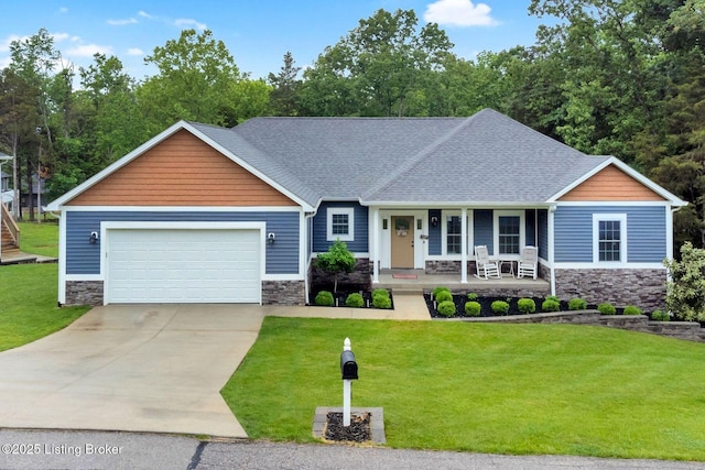 90 Glenn Eagle Rd, Brandenburg, KY 40108 - view of front of home with stone siding, a porch, a garage, and driveway
