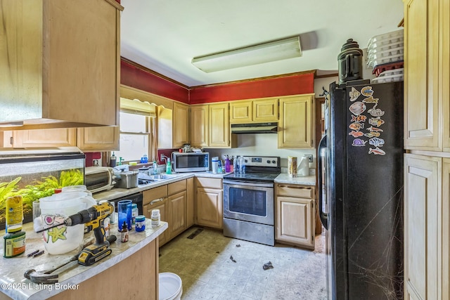 2904 State Route 58 E, Mayfield, KY 42066 - kitchen featuring black appliances, light countertops, under cabinet range hood, and light flooring