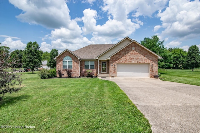 515 Clymene Rd, Cecilia, KY 42724 - ranch-style home with an attached garage, driveway, brick siding, and a front lawn
