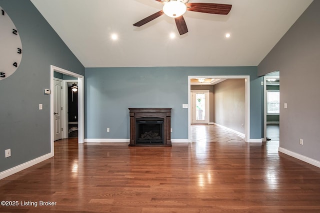 515 Clymene Rd, Cecilia, KY 42724 - unfurnished living room with a ceiling fan, high vaulted ceiling, wood finished floors, recessed lighting, and a fireplace