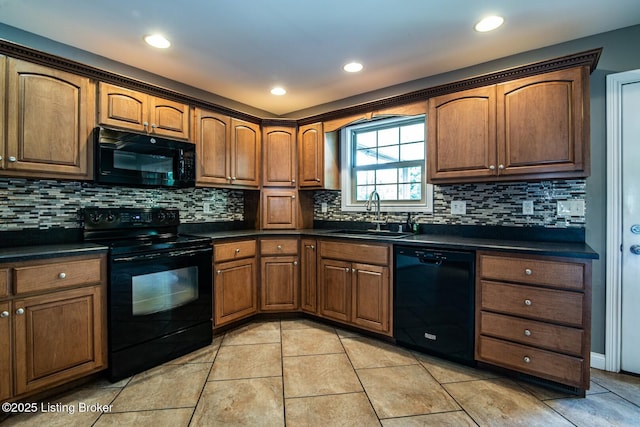 515 Clymene Rd, Cecilia, KY 42724 - kitchen with black appliances, dark countertops, backsplash, light tile patterned flooring, and recessed lighting