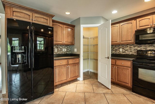 515 Clymene Rd, Cecilia, KY 42724 - kitchen with black appliances, dark countertops, tasteful backsplash, brown cabinets, and recessed lighting