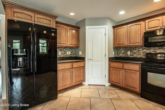 515 Clymene Rd, Cecilia, KY 42724 - kitchen with black appliances, dark countertops, tasteful backsplash, recessed lighting, and brown cabinetry