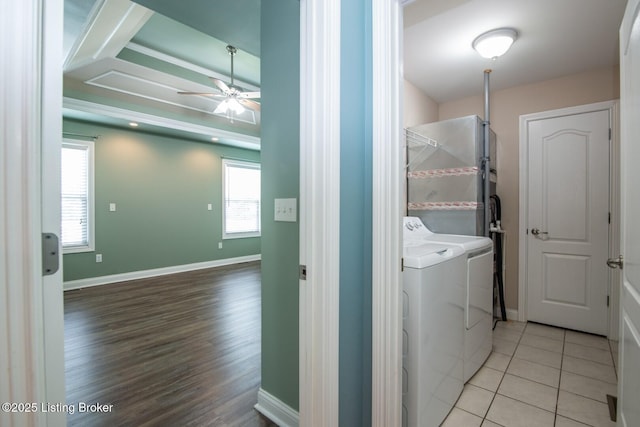 515 Clymene Rd, Cecilia, KY 42724 - laundry area featuring independent washer and dryer, a ceiling fan, and wood finished floors