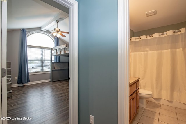 515 Clymene Rd, Cecilia, KY 42724 - full bath with ceiling fan, lofted ceiling, vanity, a shower with curtain, and tile patterned floors