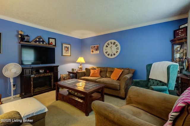 3308 Mcadams Ct, Jeffersontown, KY 40299 - carpeted living room featuring ornamental molding and a fireplace