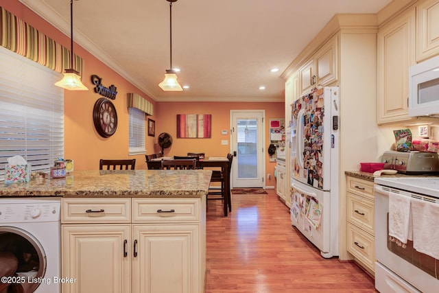 3308 Mcadams Ct, Jeffersontown, KY 40299 - kitchen featuring washer / dryer, white appliances, light wood-style floors, cream cabinetry, and crown molding