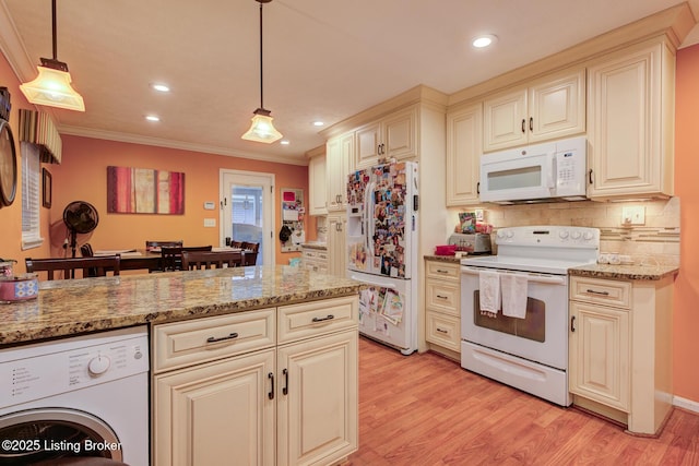 3308 Mcadams Ct, Jeffersontown, KY 40299 - kitchen with white appliances, washer / dryer, light wood-type flooring, tasteful backsplash, and crown molding