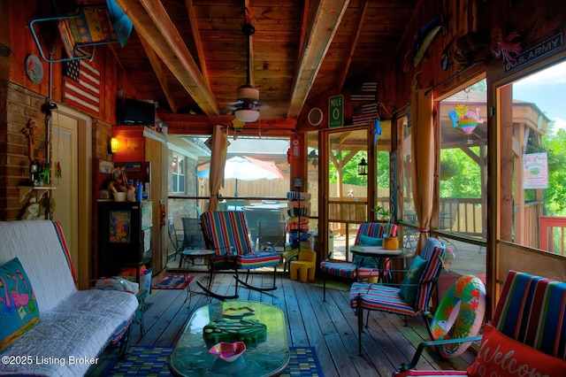 3308 Mcadams Ct, Jeffersontown, KY 40299 - sunroom featuring hardwood / wood-style floors, ceiling fan, wood ceiling, and a deck