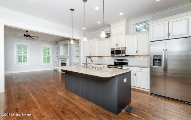 9403 Delphinium St Unit 101, Prospect, KY 40059 - kitchen featuring stainless steel appliances, open floor plan, crown molding, ceiling fan, and light stone countertops