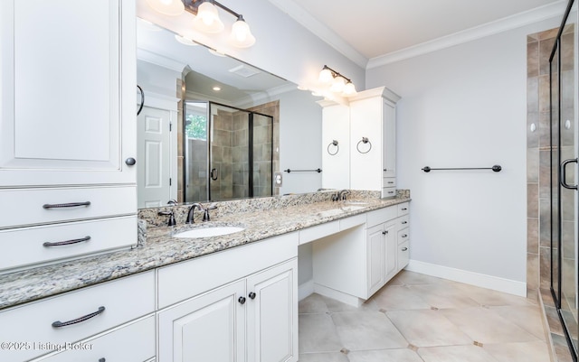 9403 Delphinium St Unit 101, Prospect, KY 40059 - bathroom featuring double vanity, crown molding, a stall shower, and tile patterned flooring