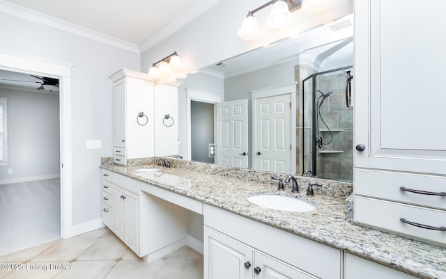 9403 Delphinium St Unit 101, Prospect, KY 40059 - full bathroom featuring double vanity, a shower stall, crown molding, tile patterned floors, and ceiling fan