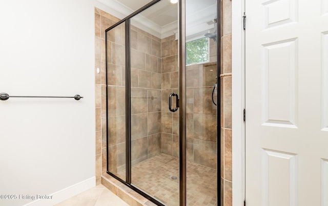 9403 Delphinium St Unit 101, Prospect, KY 40059 - full bath featuring ornamental molding, a stall shower, and tile patterned floors