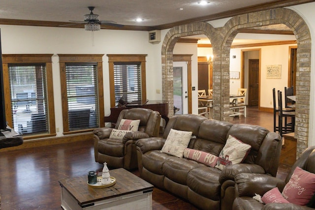 4940 Kent Rd, Tremont, MS 38876 - living room featuring dark hardwood / wood-style floors, ceiling fan, and crown molding