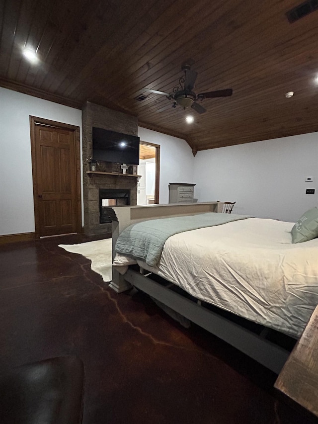 4940 Kent Rd, Tremont, MS 38876 - carpeted bedroom with ceiling fan, wooden ceiling, a fireplace, and ornamental molding