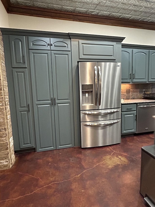 4940 Kent Rd, Tremont, MS 38876 - kitchen with decorative backsplash, stainless steel appliances, and ornamental molding