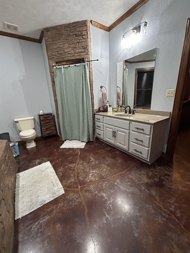 4940 Kent Rd, Tremont, MS 38876 - bathroom featuring ornamental molding, vanity, a textured ceiling, concrete floors, and toilet