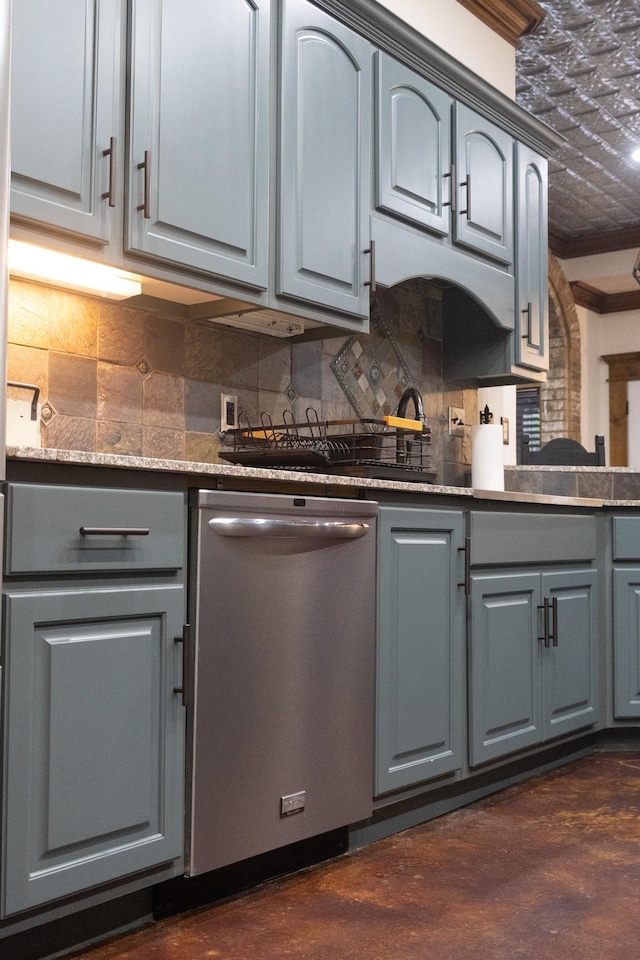4940 Kent Rd, Tremont, MS 38876 - kitchen featuring gray cabinetry, dishwasher, dark stone countertops, and decorative backsplash