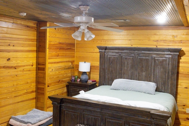 4940 Kent Rd, Tremont, MS 38876 - bedroom featuring ceiling fan, wood ceiling, and wooden walls