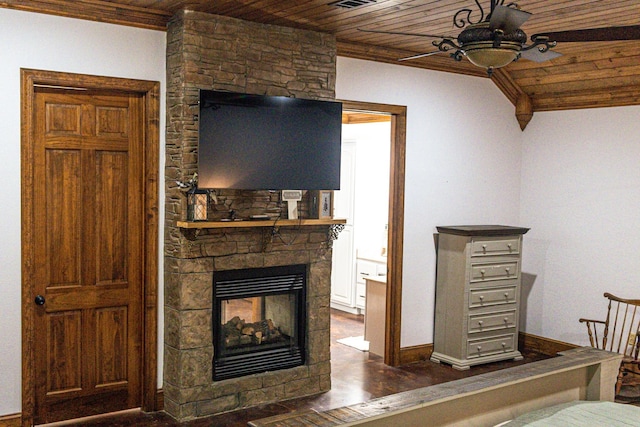 4940 Kent Rd, Tremont, MS 38876 - bedroom featuring dark hardwood / wood-style floors, a fireplace, wooden ceiling, and lofted ceiling