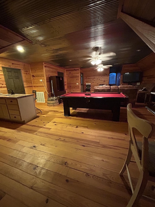 4940 Kent Rd, Tremont, MS 38876 - playroom featuring light hardwood / wood-style floors, wooden walls, wood ceiling, and billiards