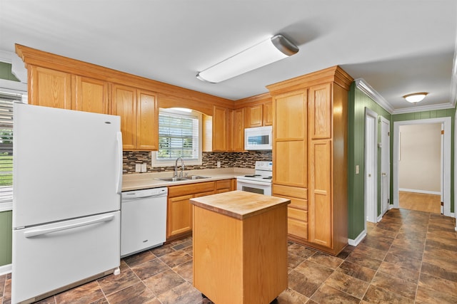  - kitchen with white appliances, wooden counters, a sink, backsplash, and stone finish flooring