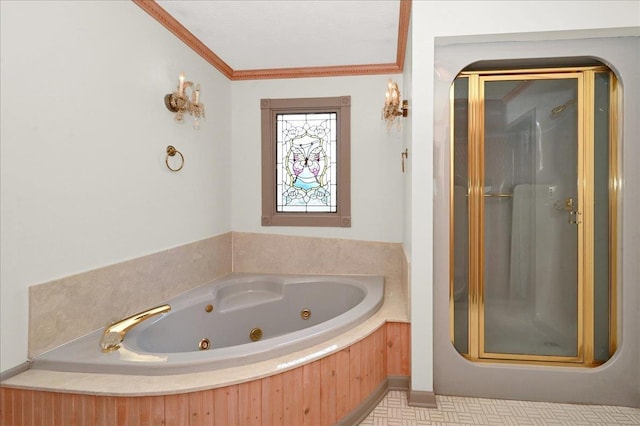 bathroom with separate shower and tub and crown molding