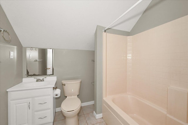 full bathroom featuring tile patterned floors,  shower combination, vanity, toilet, and lofted ceiling