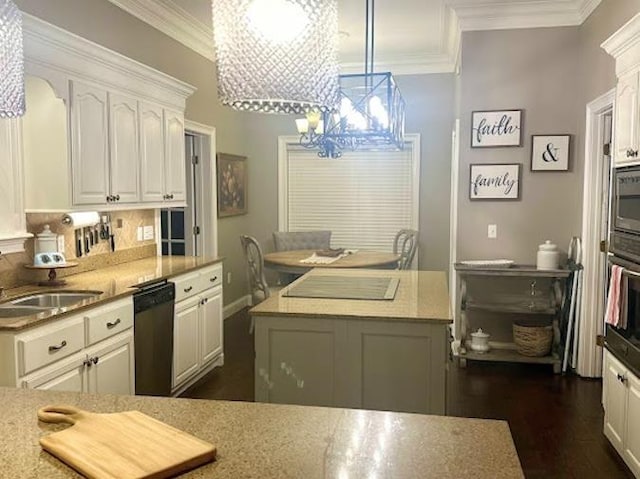 kitchen with a kitchen island, decorative light fixtures, white cabinetry, dishwasher, and sink