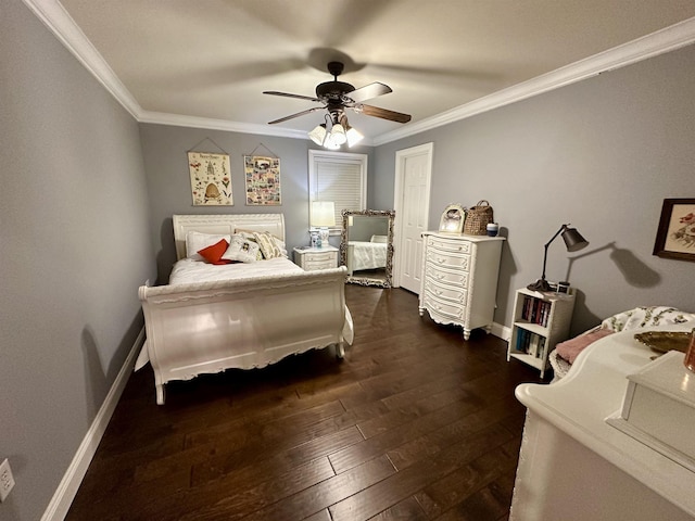 bedroom featuring crown molding, ceiling fan, and dark hardwood / wood-style flooring