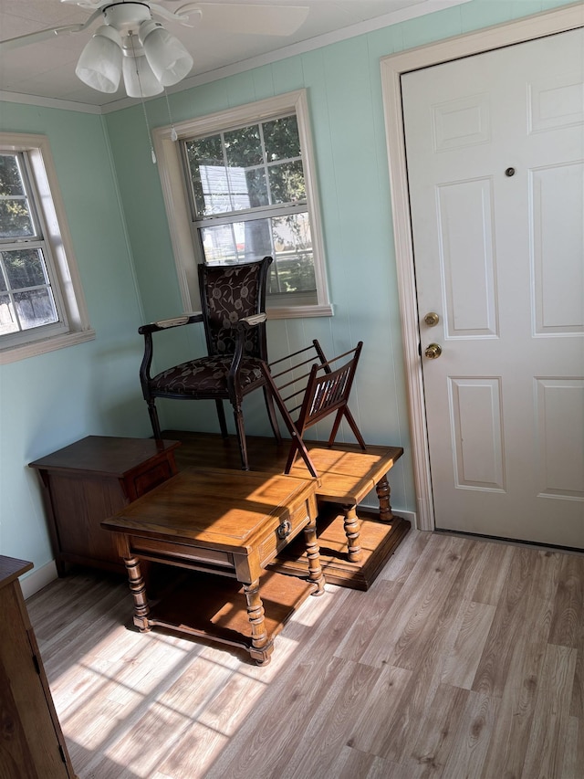 sitting room featuring ceiling fan, crown molding, and light hardwood / wood-style flooring