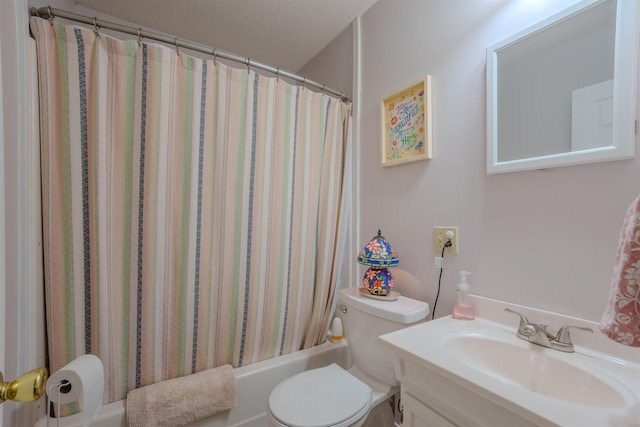 full bath featuring a textured ceiling, shower / bathtub combination with curtain, toilet, and vanity