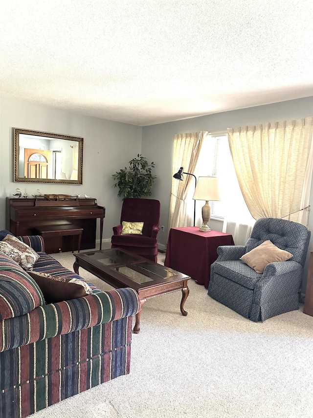 carpeted living room featuring a textured ceiling