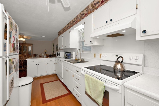 kitchen with ceiling fan, sink, light hardwood / wood-style floors, white appliances, and white cabinets