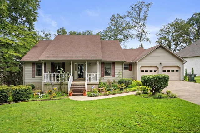 view of front facade with a front lawn, covered porch, and a garage