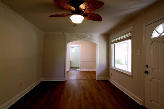 foyer entrance featuring ceiling fan, crown molding, and dark wood-type flooring