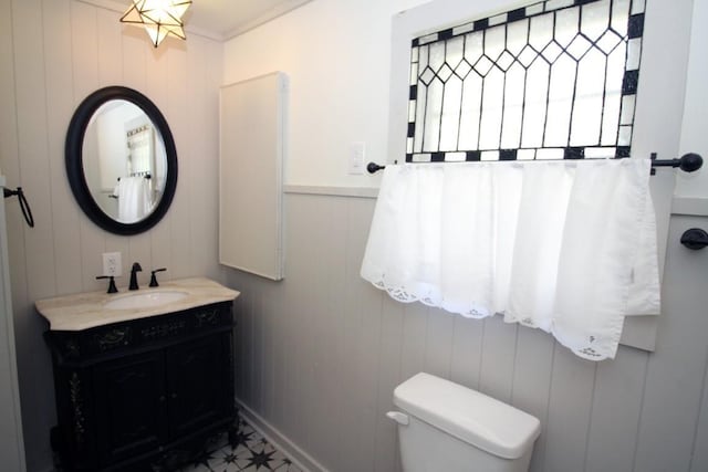 bathroom featuring vanity, toilet, and wooden walls