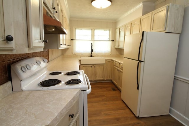 kitchen featuring ornamental molding, white appliances, dark wood-type flooring, sink, and light brown cabinets