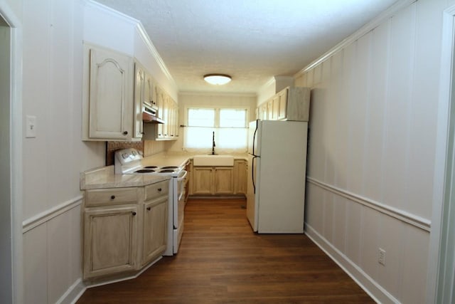 kitchen featuring white appliances, crown molding, dark wood-type flooring, sink, and light brown cabinets