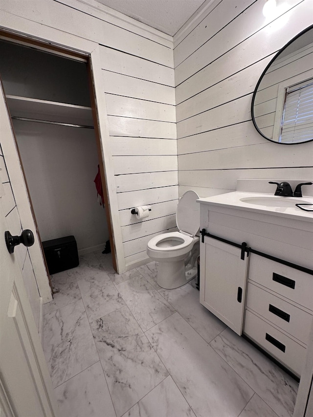 bathroom featuring vanity, toilet, and wood walls