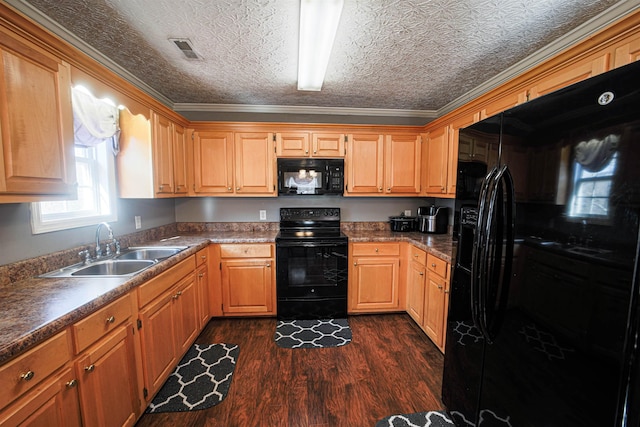 kitchen with dark hardwood / wood-style flooring, ornamental molding, a textured ceiling, sink, and black appliances