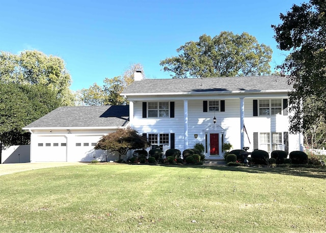 neoclassical home with a chimney, a shingled roof, a front yard, a garage, and driveway