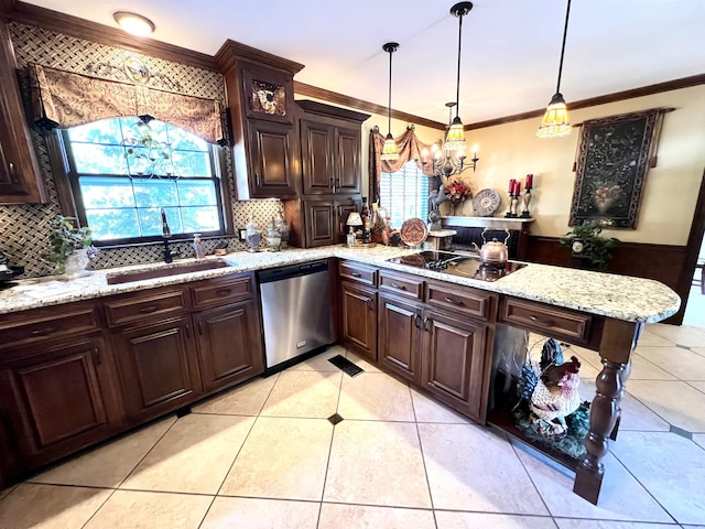 kitchen featuring ornamental molding, a sink, dishwasher, a peninsula, and black electric cooktop