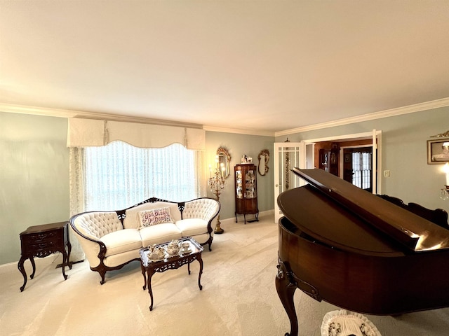 living room with light carpet, ornamental molding, and baseboards