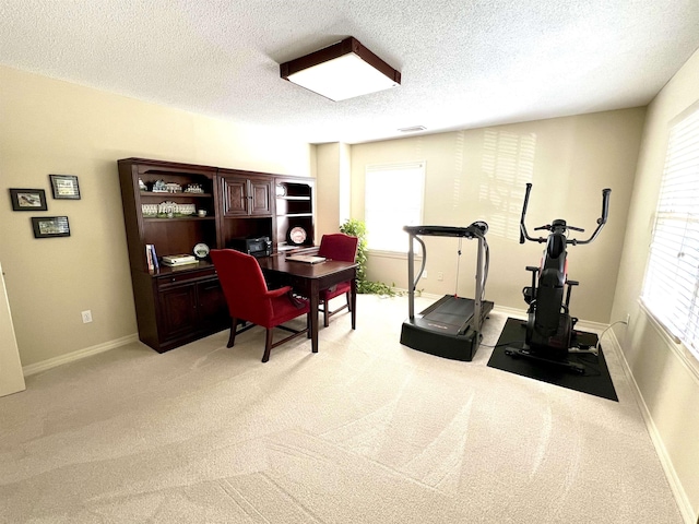 interior space with a textured ceiling, baseboards, visible vents, and light colored carpet