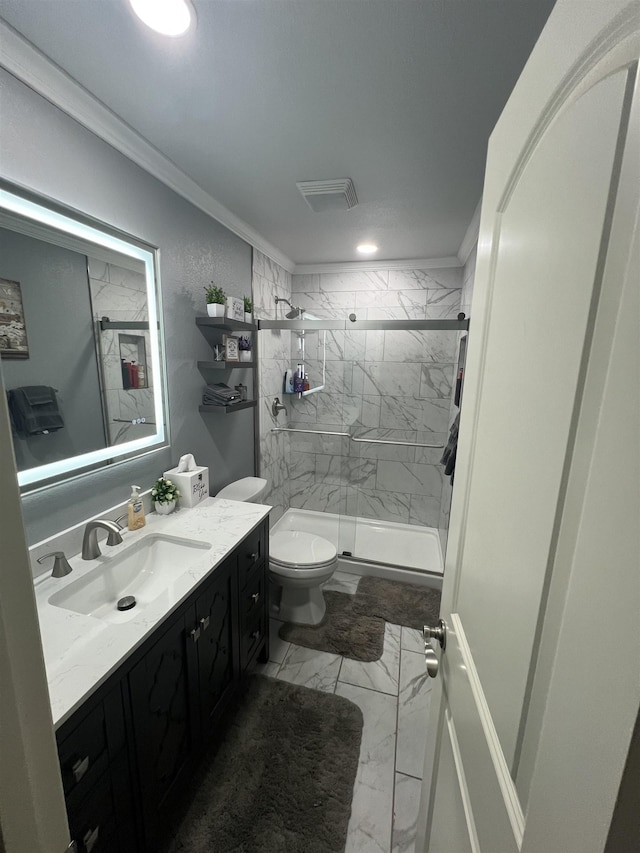  - bathroom with marble finish floors, toilet, vanity, a marble finish shower, and crown molding